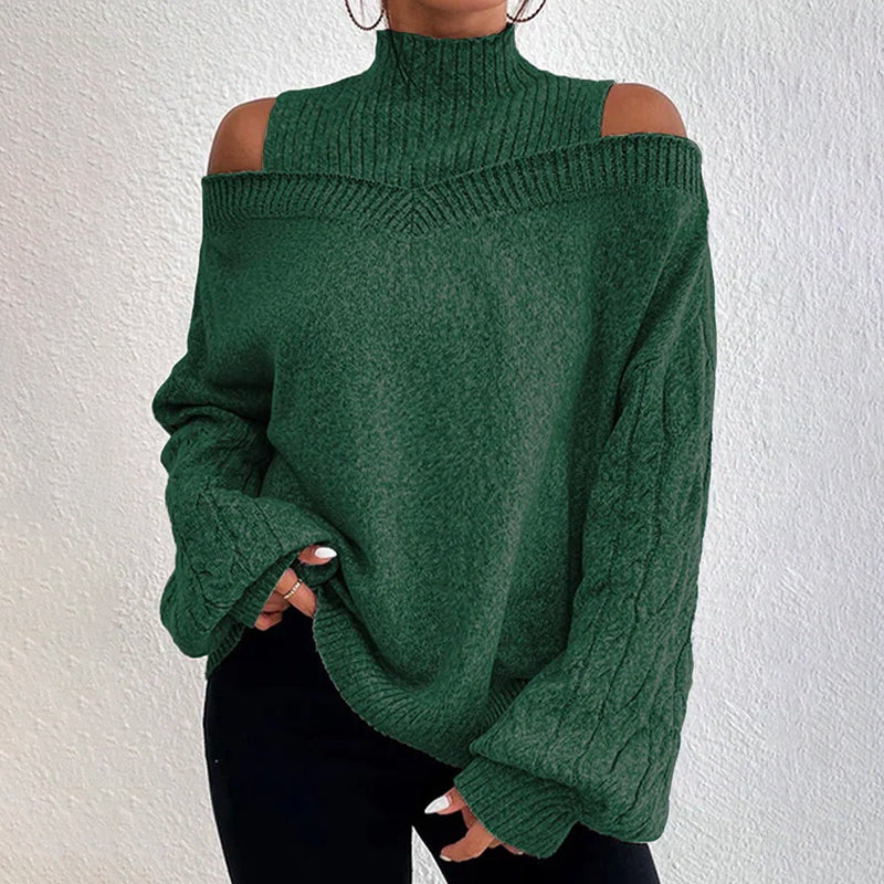Women's Cold Shoulder Sweater - Sexy High Neck Cut Out Pullover Long Sleeve Top