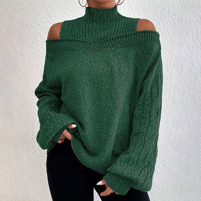 Women's Cold Shoulder Sweater - Sexy High Neck Cut Out Pullover Long Sleeve Top