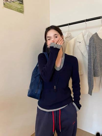 Contrast Color V-neck Long-sleeve Knitwear Sweater Top