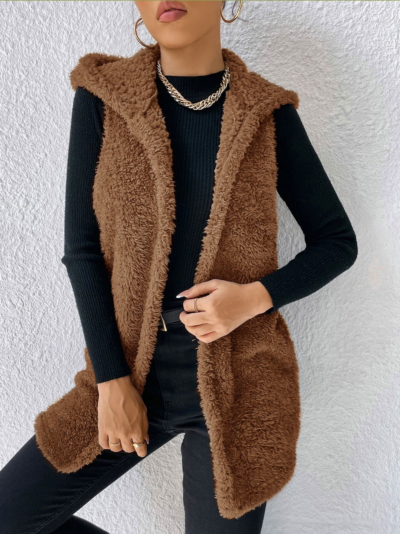 Fashion Casual Plush Hooded Women's Top Jacket Vest