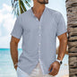 Men's Solid Color Cardigan Henry Collar Short Sleeve Cotton And Linen Shirt
