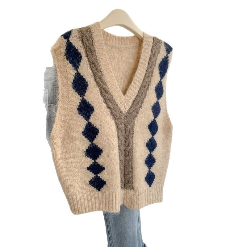Diamond Lattice Retro Knitted Waistcoat V-neck Outerwear Sweater Vest