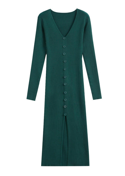 V-neck Knitted Dress Slim Slimming Temperament Single-breasted Hip-wrapped Mid-length Dress