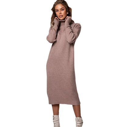 Women's High Collar Loose Inner Solid Color Knitted Dress