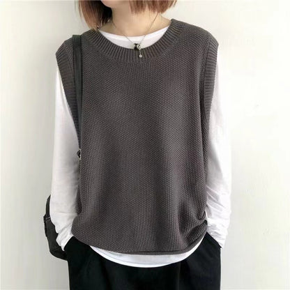 Women Sleeveless Vest Bandage Dress Outer Wear Solid Color Round Neck Vest