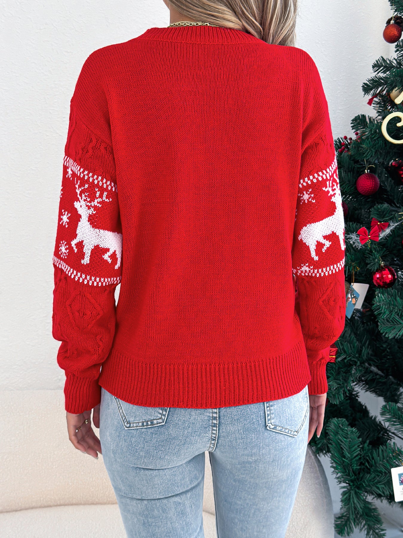Deer Pattern Lantern Sleeve Pullover Sweater