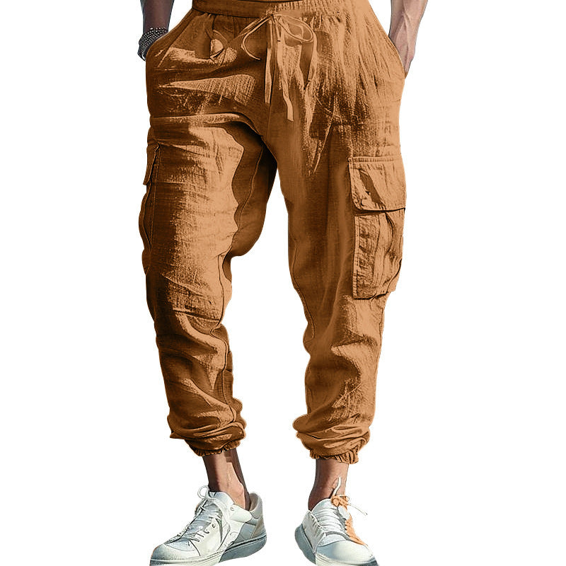 Mens Casual Cotton-Linen Pants With Multiple Pockets And A Drawstring