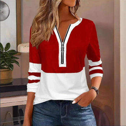 Women's Zip-Up Round Neck Long Sleeve Sweatshirt With Color Block Stripes - Casual Pullover Top For Spring&Fall
