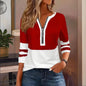 Women's Zip-Up Round Neck Long Sleeve Sweatshirt With Color Block Stripes - Casual Pullover Top For Spring&Fall