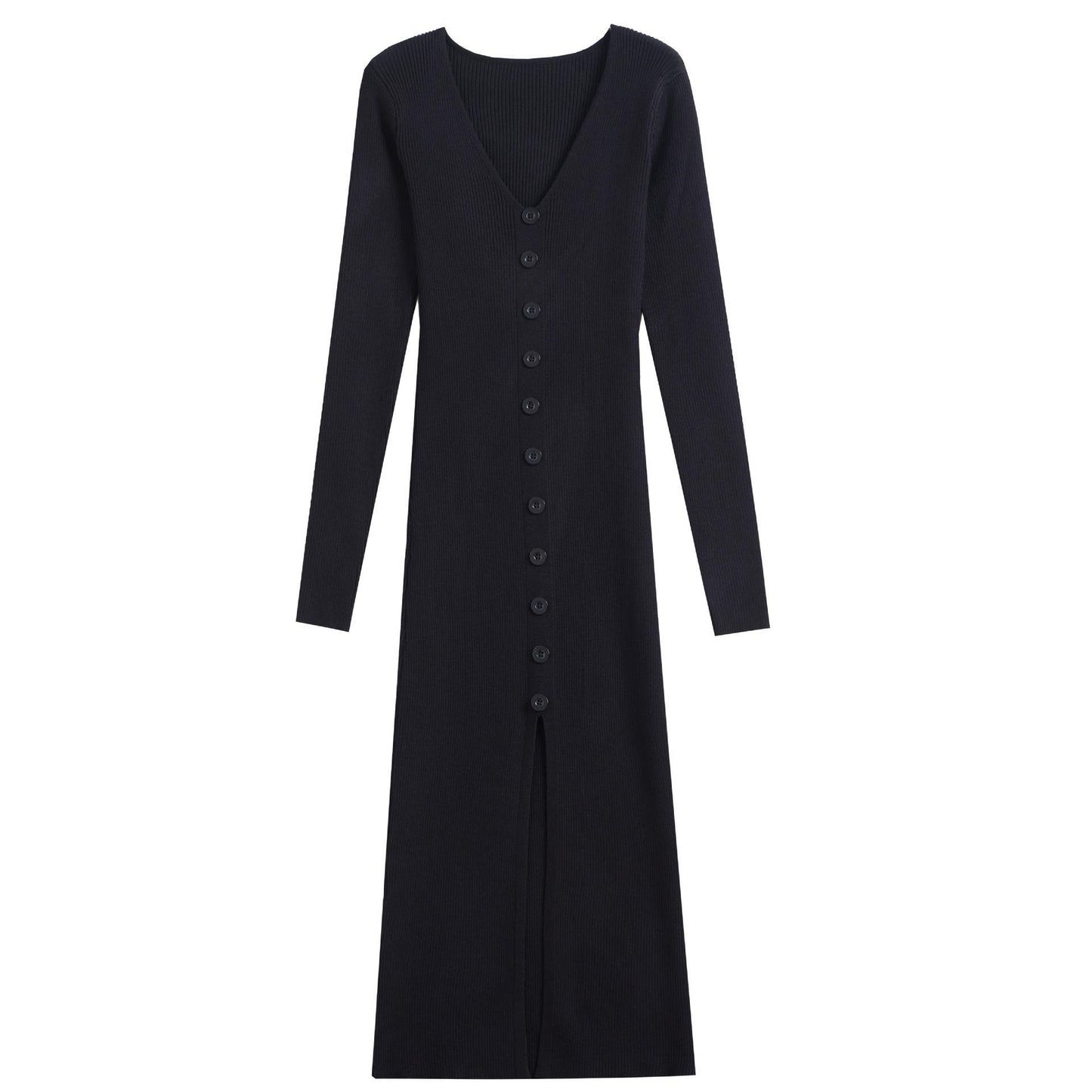 V-neck Knitted Dress Slim Slimming Temperament Single-breasted Hip-wrapped Mid-length Dress