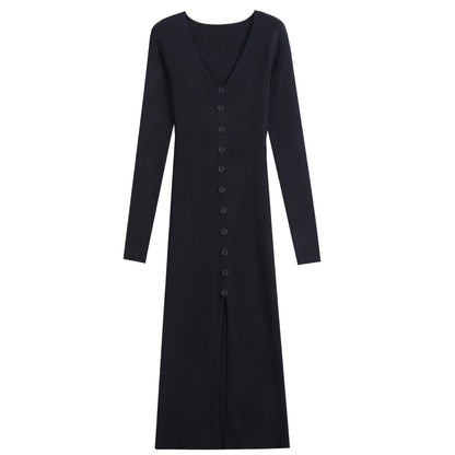 V-neck Knitted Dress Slim Slimming Temperament Single-breasted Hip-wrapped Mid-length Dress