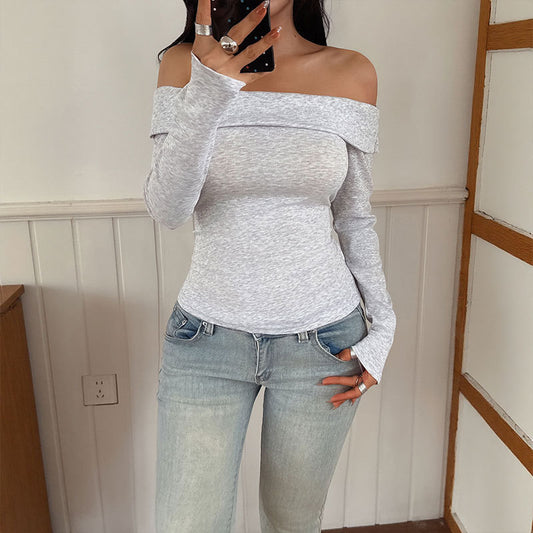 Light Gray Slim Fit Hot Girl Off-shoulder T-shirt