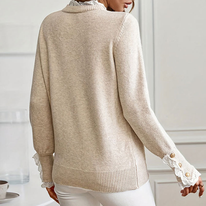 Women's Lace Trim Mock Neck Sweater - Cozy Fall Pullover With Elegant Button Detail