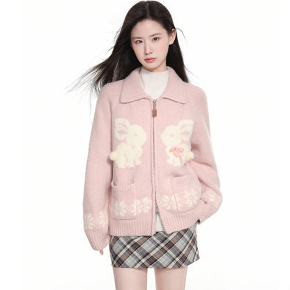 Women's Double Zipper Lapel Knitted Sweater Coat