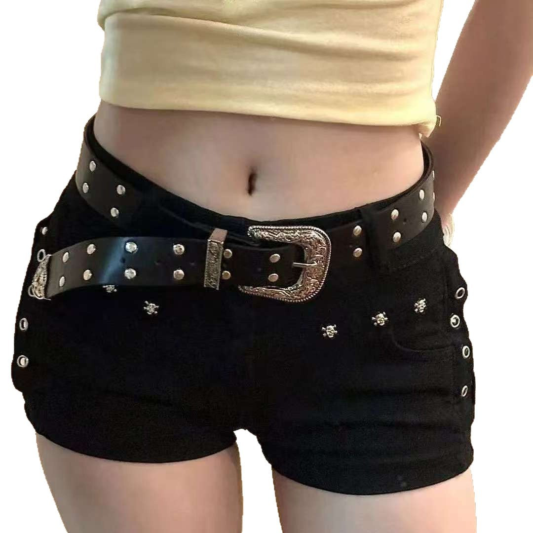 Black Sheath Wild Slimming Stretch A- Line Rivet Denim Shorts