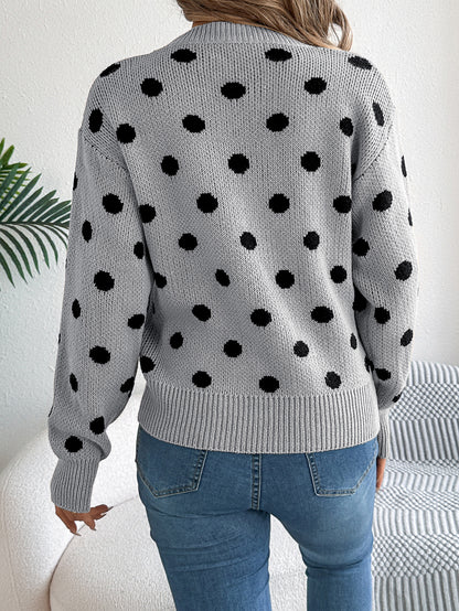 Casual Color Block Polka Dot Long Sleeve Pullover Sweater