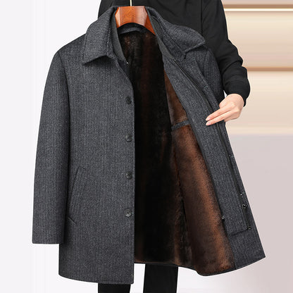 Men's Woolen Coat Mid-length Fleece Plaid Detachable Double Collar