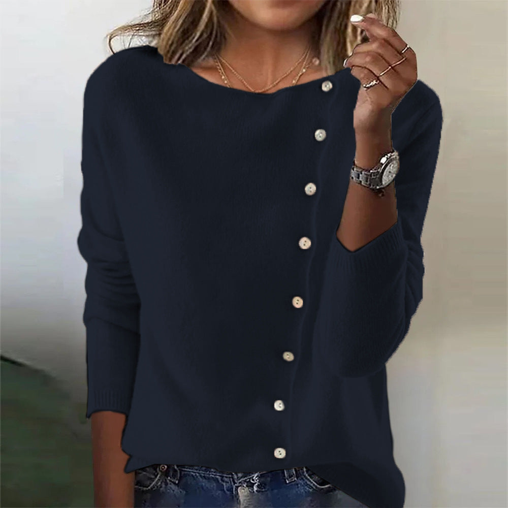 Round Neck Long Sleeve Button Sweater New Women