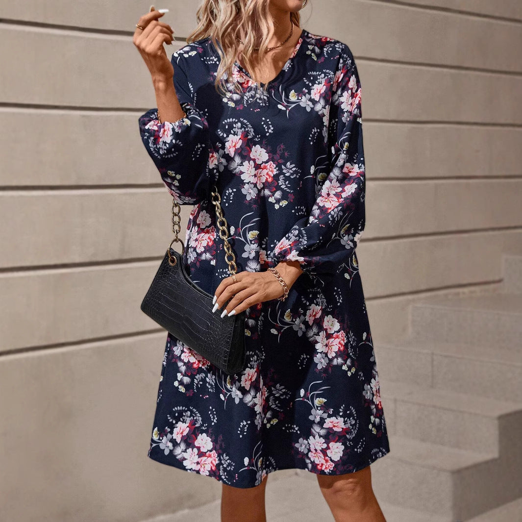 European And American Retro Printed Fashionable Elegant Floral Printed Lantern Sleeve Dress