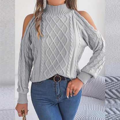 Women's Solid Color Off-Shoulder Cable Knit Sweater, High Neck Long Sleeve Pullover For Spring And Fall