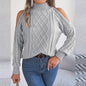 Women's Solid Color Off-Shoulder Cable Knit Sweater, High Neck Long Sleeve Pullover For Spring And Fall