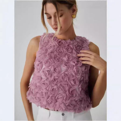 Women's Three-dimensional Rose Sleeveless Vest Short Loose Top