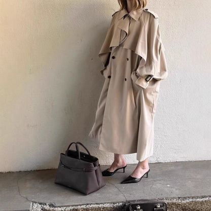 Women's Long Khaki Belted Cape Trench Coat