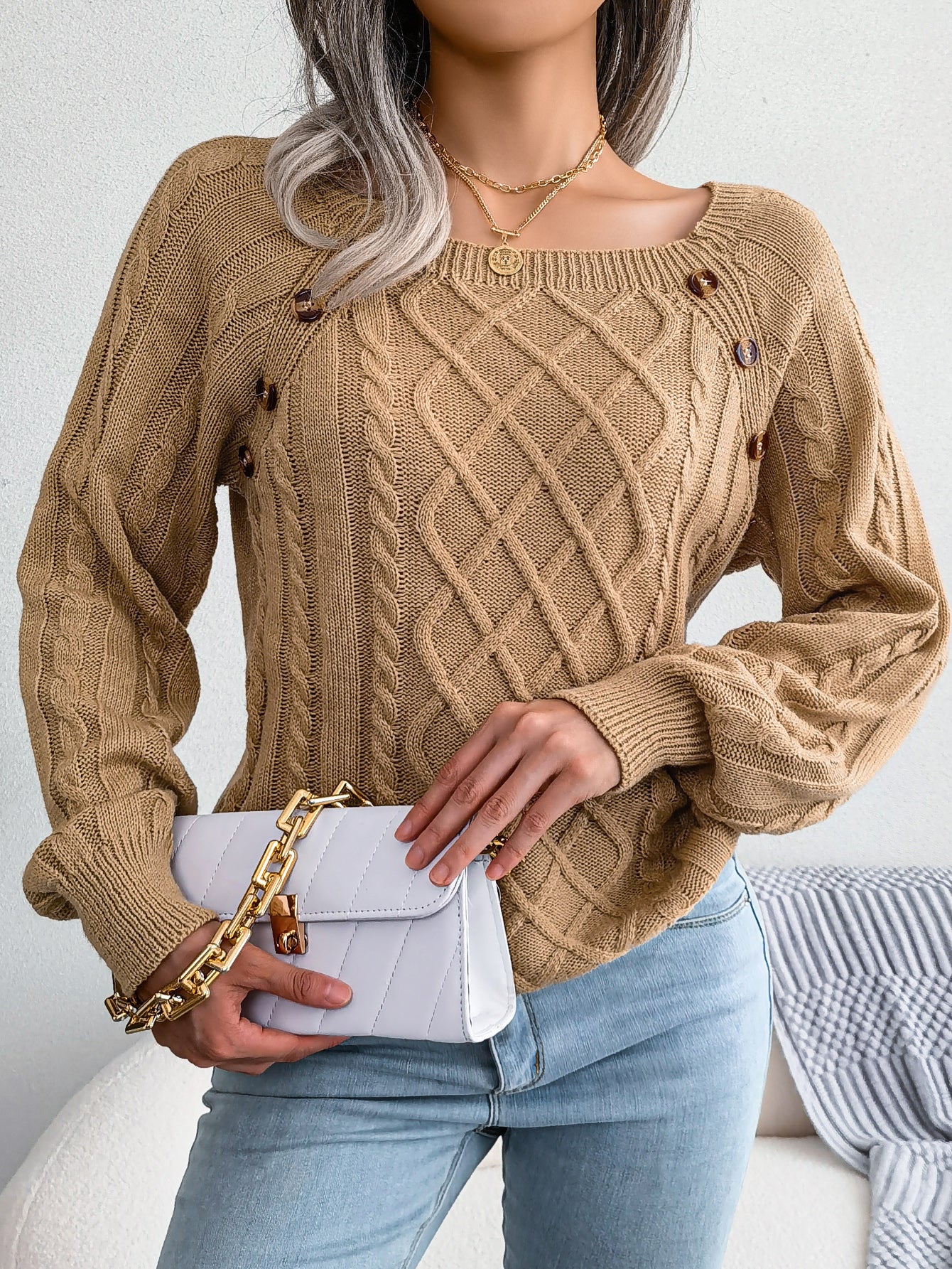 Casual Square Neck Buttoned Cable Knit Pullover Sweater