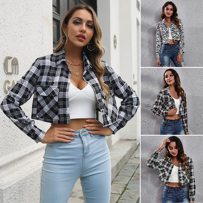 Plaid Zebra Print Pocket Long Sleeve Shirt Cropped Top Cardigan Thin Outerwear