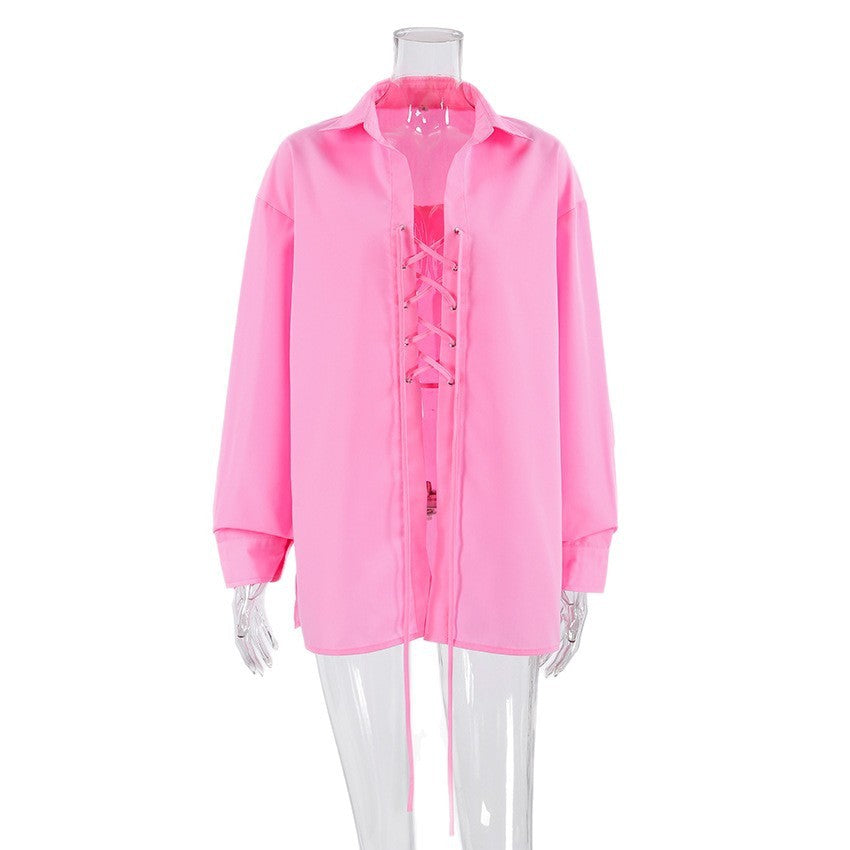 Women's All-matching Lapel Rope Lace-up Long Sleeve Shirt