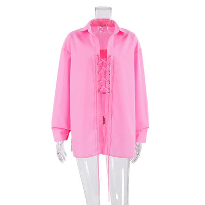 Women's All-matching Lapel Rope Lace-up Long Sleeve Shirt