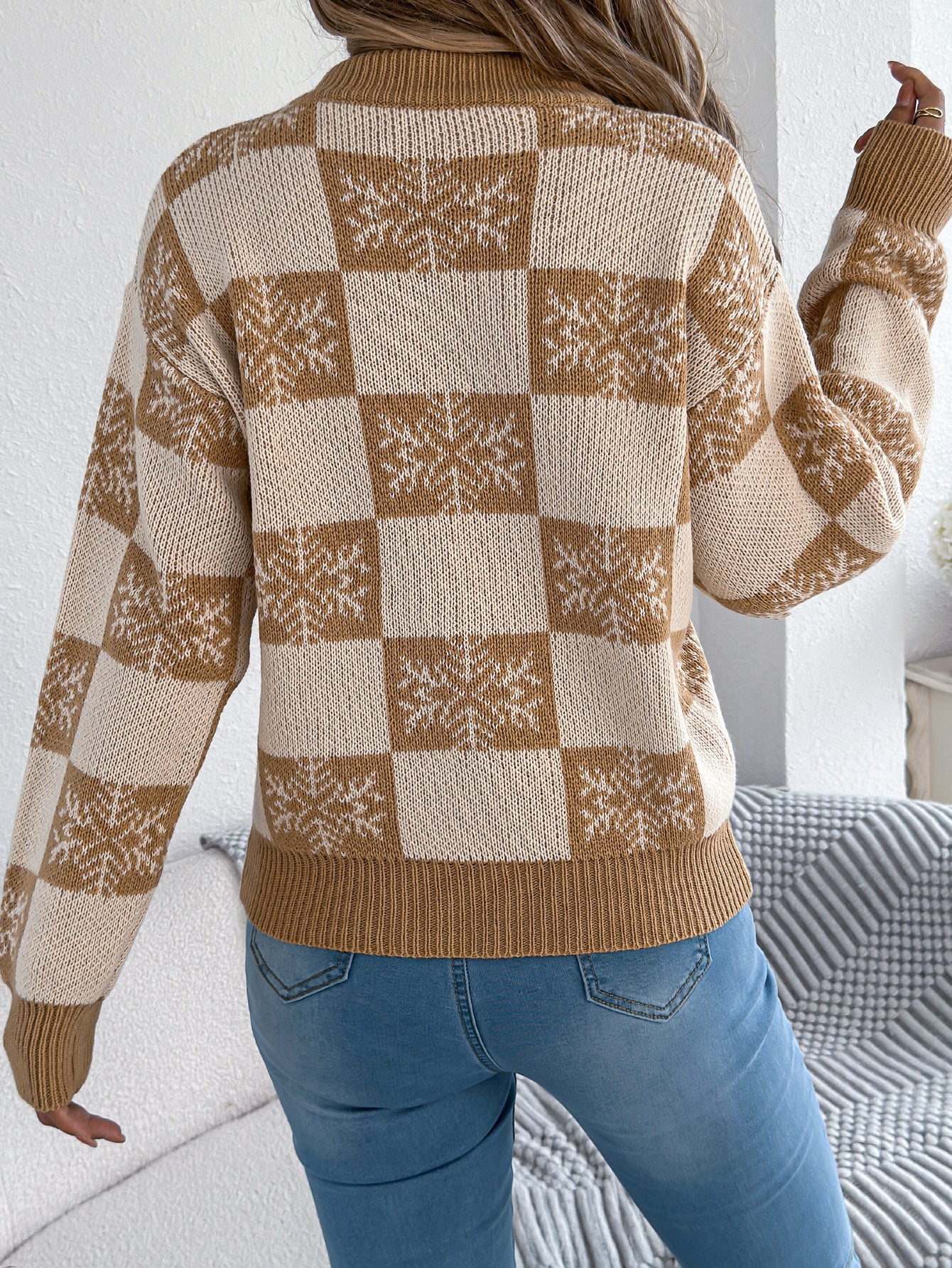 Snowflake Plaid Lantern Sleeve Pullover Sweater