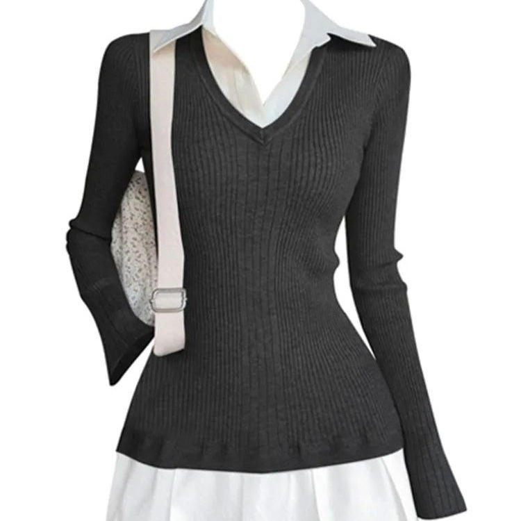 Autumn And Winter Preppy Style Fake Two-piece Mini Knitted Shirt