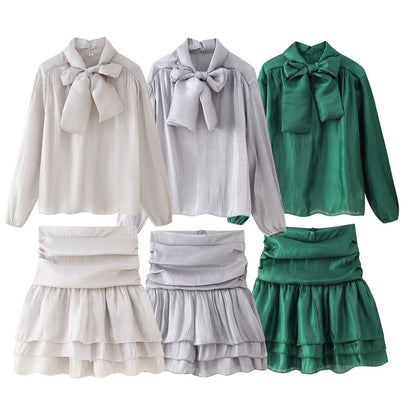 Women's Bow Tie Belted Shirt Top High Waist Shirred Skirt Two-Piece Set