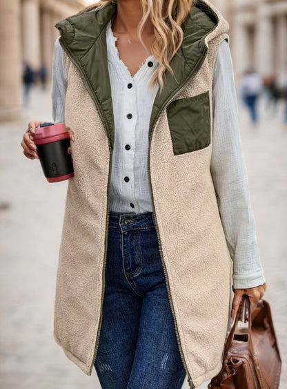Elegant Reversible Faux Fur-Trimmed Sleeveless Hooded Vest