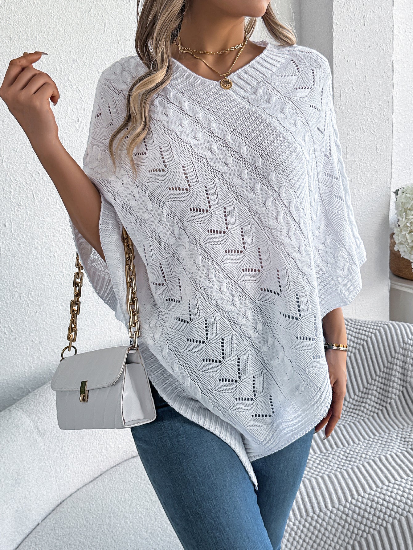 Casual Solid Color Cable Knit Loose Poncho Sweater Coat