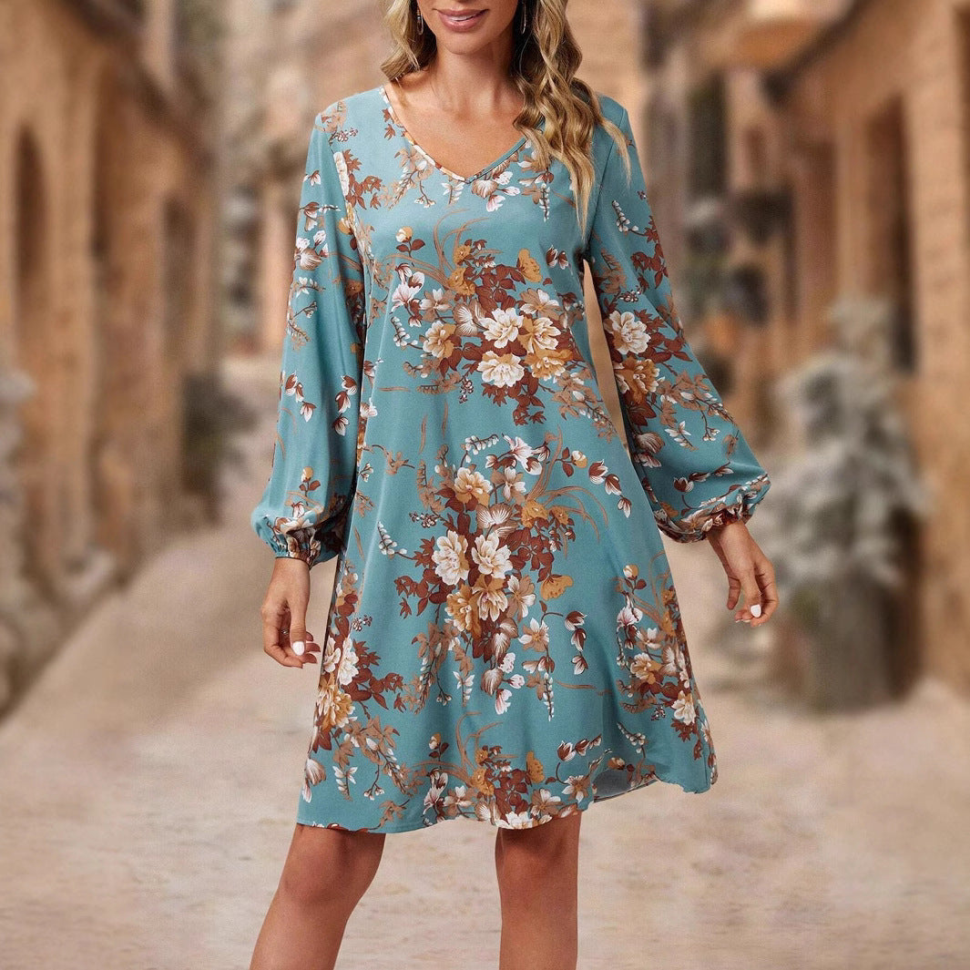European And American Retro Printed Fashionable Elegant Floral Printed Lantern Sleeve Dress