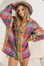 Single-breasted Long Sleeve Cardigan Color Plaid Coat