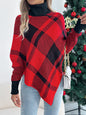 Casual Color Block Plaid High Neck Long Sleeve Poncho Sweater