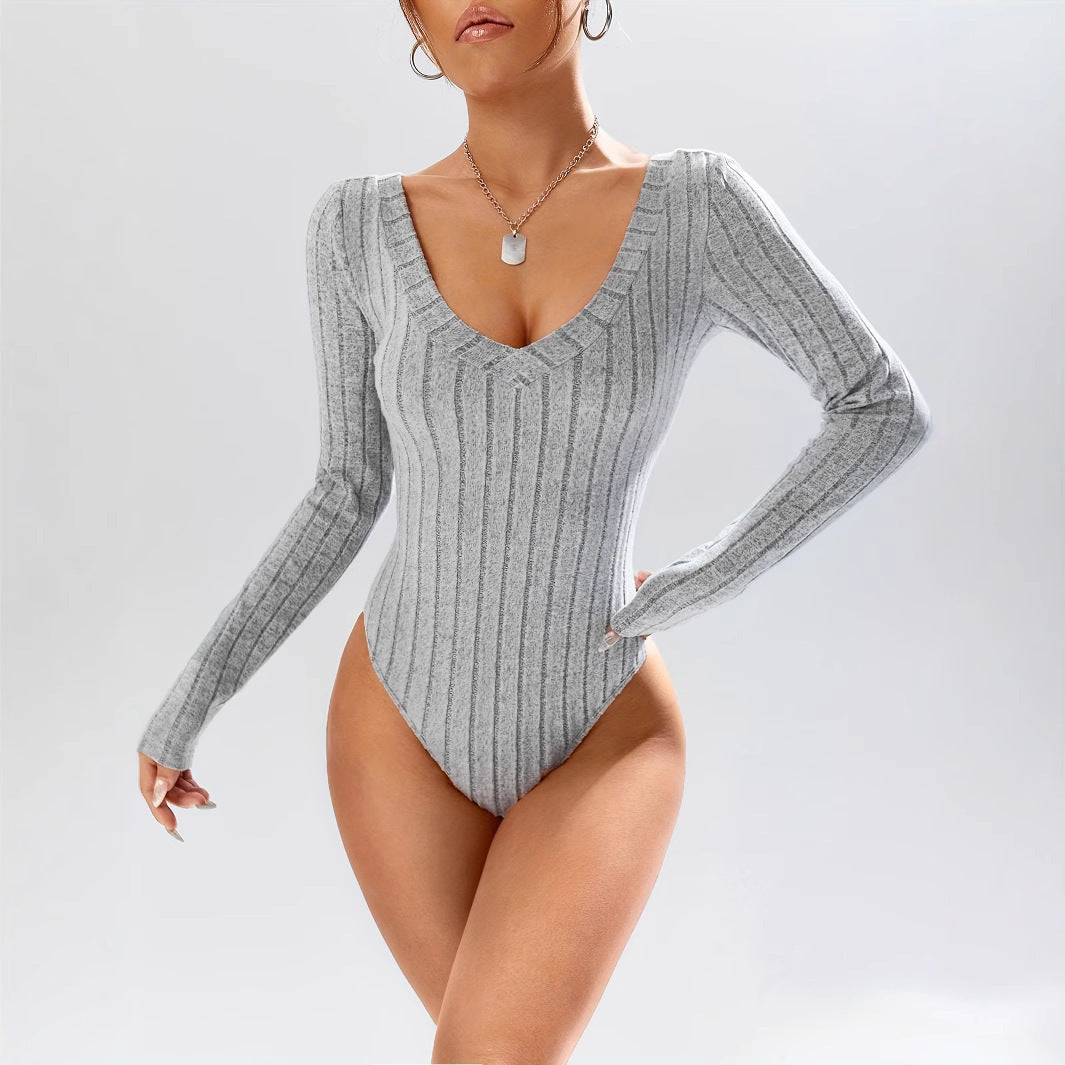 Simple Casual Solid Color Deep V-neck Slim Fit Waist-controlled Long Sleeves Jumpsuit Women