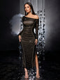 Sexy Long Sleeve Drape Slim-fit Oblique Shoulder Dress