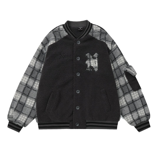 Color Contrast Patchwork Plaid Lamb Wool Coat For Men