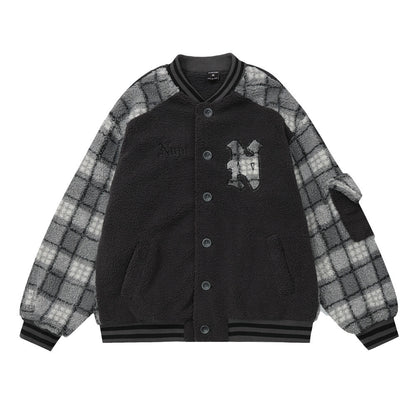 Color Contrast Patchwork Plaid Lamb Wool Coat For Men