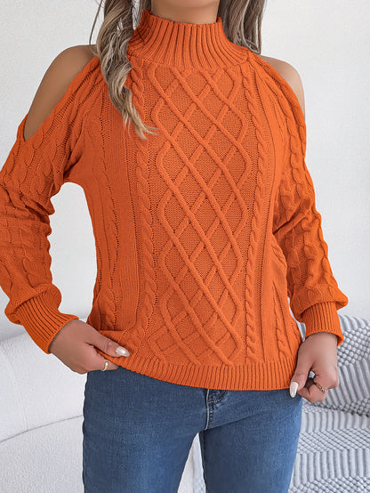 Casual Cable Knit Off-Shoulder Half Turtleneck Long Sleeve Pullover Sweater
