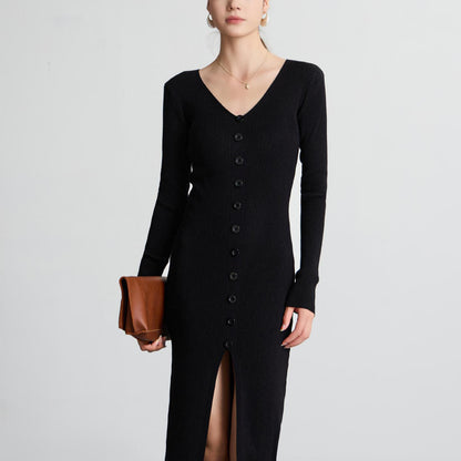 V-neck Knitted Dress Slim Slimming Temperament Single-breasted Hip-wrapped Mid-length Dress