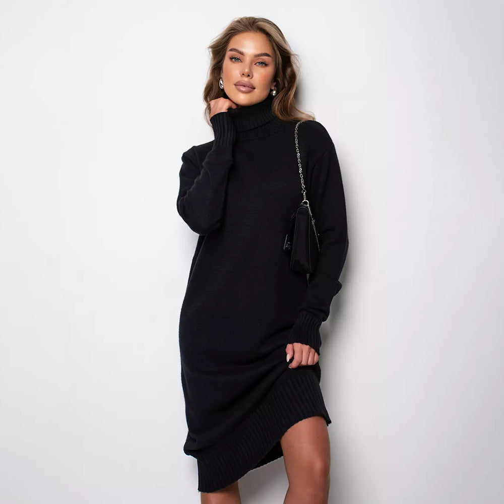 Women's High Collar Loose Inner Solid Color Knitted Dress