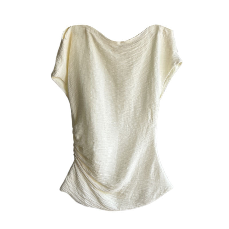 Slimming Fashionable Pleated Top Oblique Shoulder Design Small Shirt