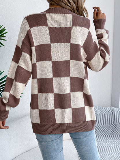 Color Block Plaid Lantern Sleeve Cardigan Sweater Mid-Length Coat