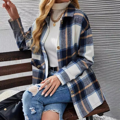 Autumn Winter Women's Wear Drop-shoulder Long-sleeve Lapel Loose Plaid Casual Shirt Coat