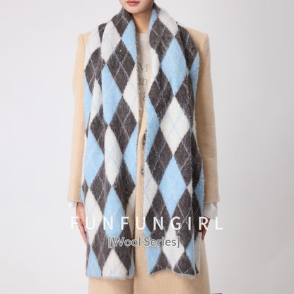 Diamond Pattern Retro Scarf With Wool Neck Warmer